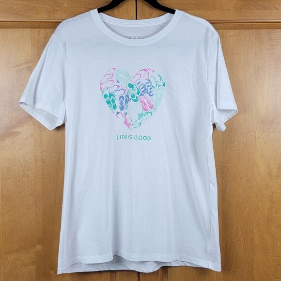 NWT Life Is Good White Crew Neck Short Sleeve Tee Flip Flop Heart - L - Picture 3 of 12